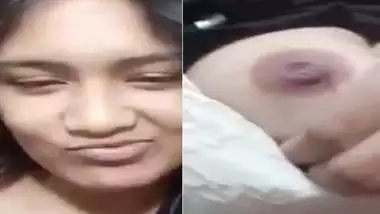 Cute expression during topless boobs show by Indian girl